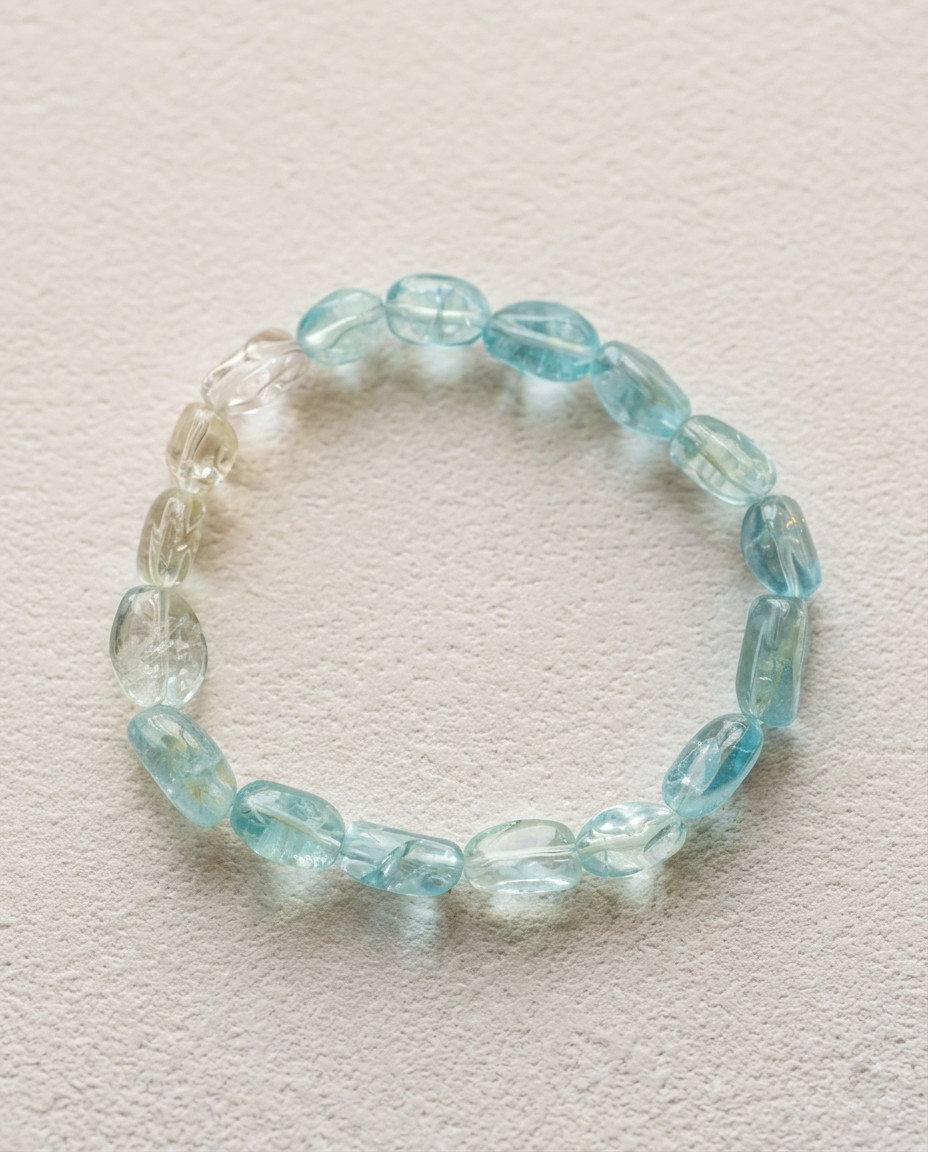 Natural gradient Aquamarine and Goshenite beryl bracelet resting on a weathered, textured wooden block. Minimalist wabi-sabi curatorial staging with a cracked ceramic raku bowl and dried twigs, emphasizing the raw, glacial-blue crystal clarity.⁠