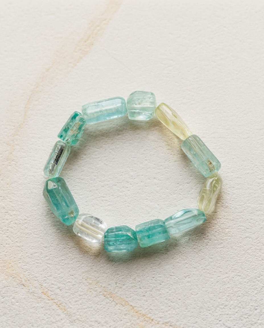 Macro close-up of a natural mixed beryl bracelet featuring high transparency aquamarine and goshenite barrel cut crystals, unheated luxury mineral jewelry.