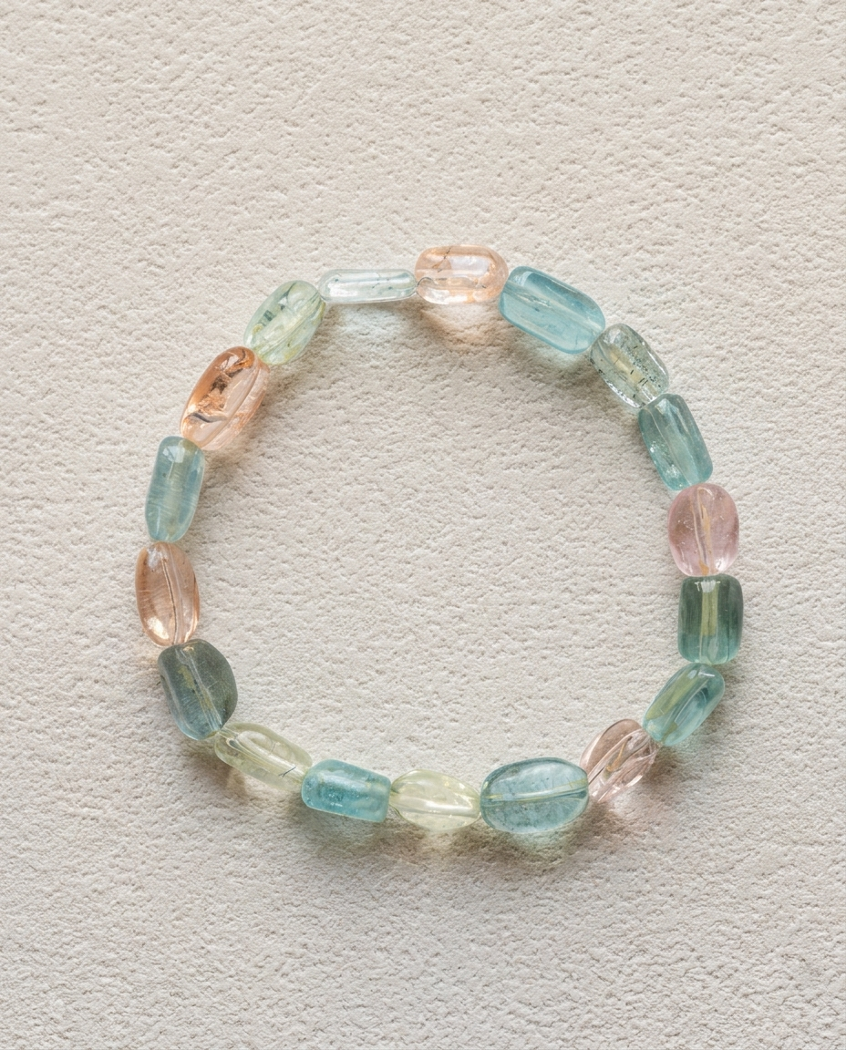 Macro close-up of a natural mixed beryl bracelet showing high transparency blue, pink, and yellow column crystals, unheated luxury mineral jewelry.