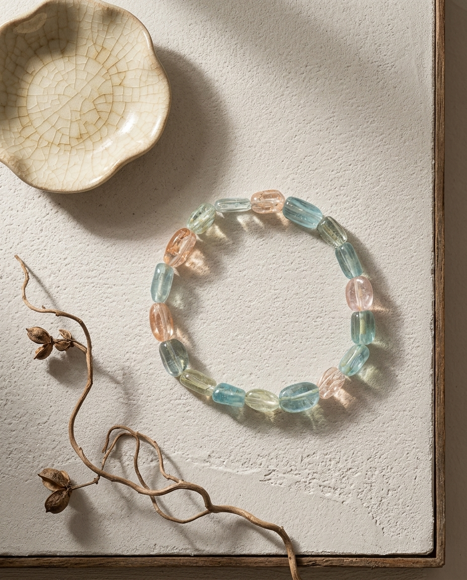 High clarity pastel mixed beryl bracelet featuring aquamarine, morganite, and heliodor columnar crystals, styled on textured surface with dried branch and crackled ceramic, organic modern jewelry aesthetic.