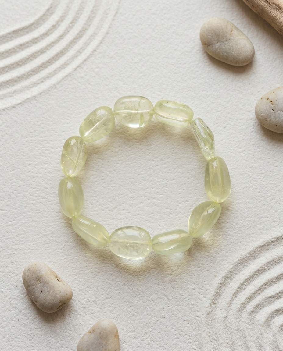 High clarity golden heliodor beryl bracelet styled on raked zen garden sand with smooth river stones and driftwood, organic modern jewelry aesthetic.⁠