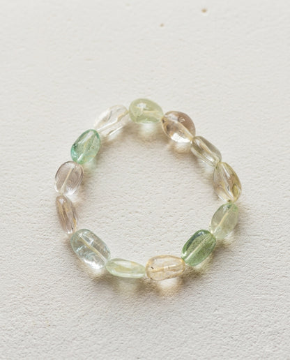 Macro close-up of a natural mixed beryl bracelet showing high clarity unheated aquamarine, morganite and goshenite organic tumbled crystals.⁠