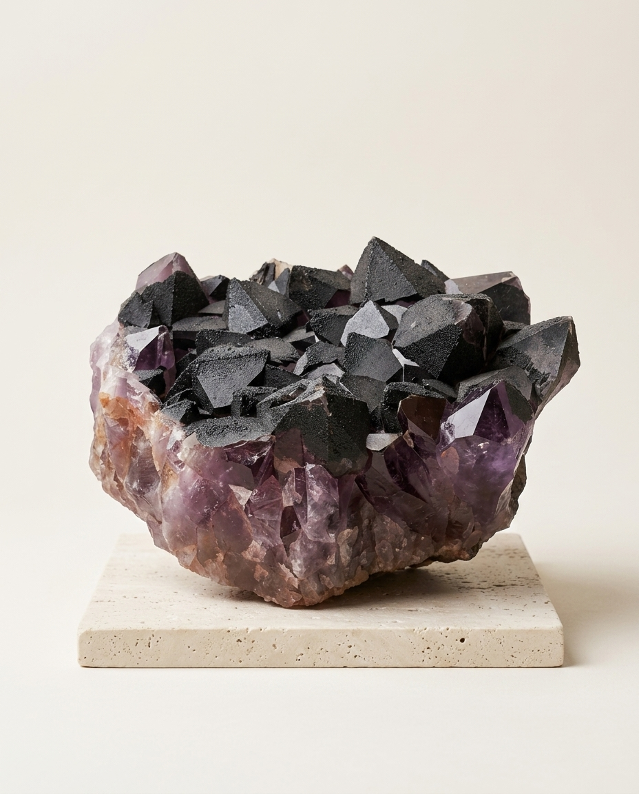 A large 2kg Black Amethyst and Hematite crystal cluster displayed on a square travertine stone base, high-end organic modern shelf decor.⁠
