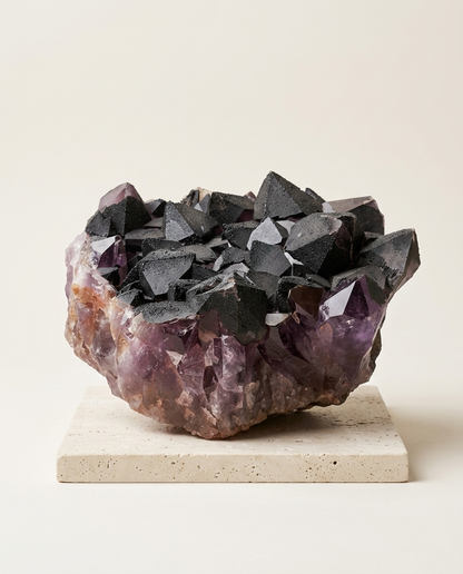 A large 2kg Black Amethyst and Hematite crystal cluster displayed on a square travertine stone base, high-end organic modern shelf decor.⁠