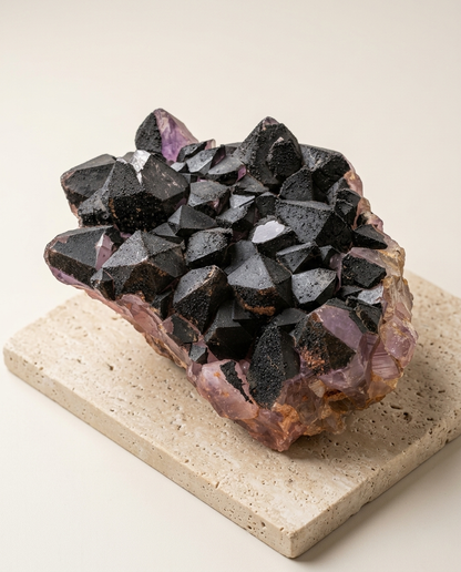 Top angle view of a raw Hematite-capped Amethyst sculpture showing striking matte black geometric points over purple quartz, luxury desk accessory.⁠