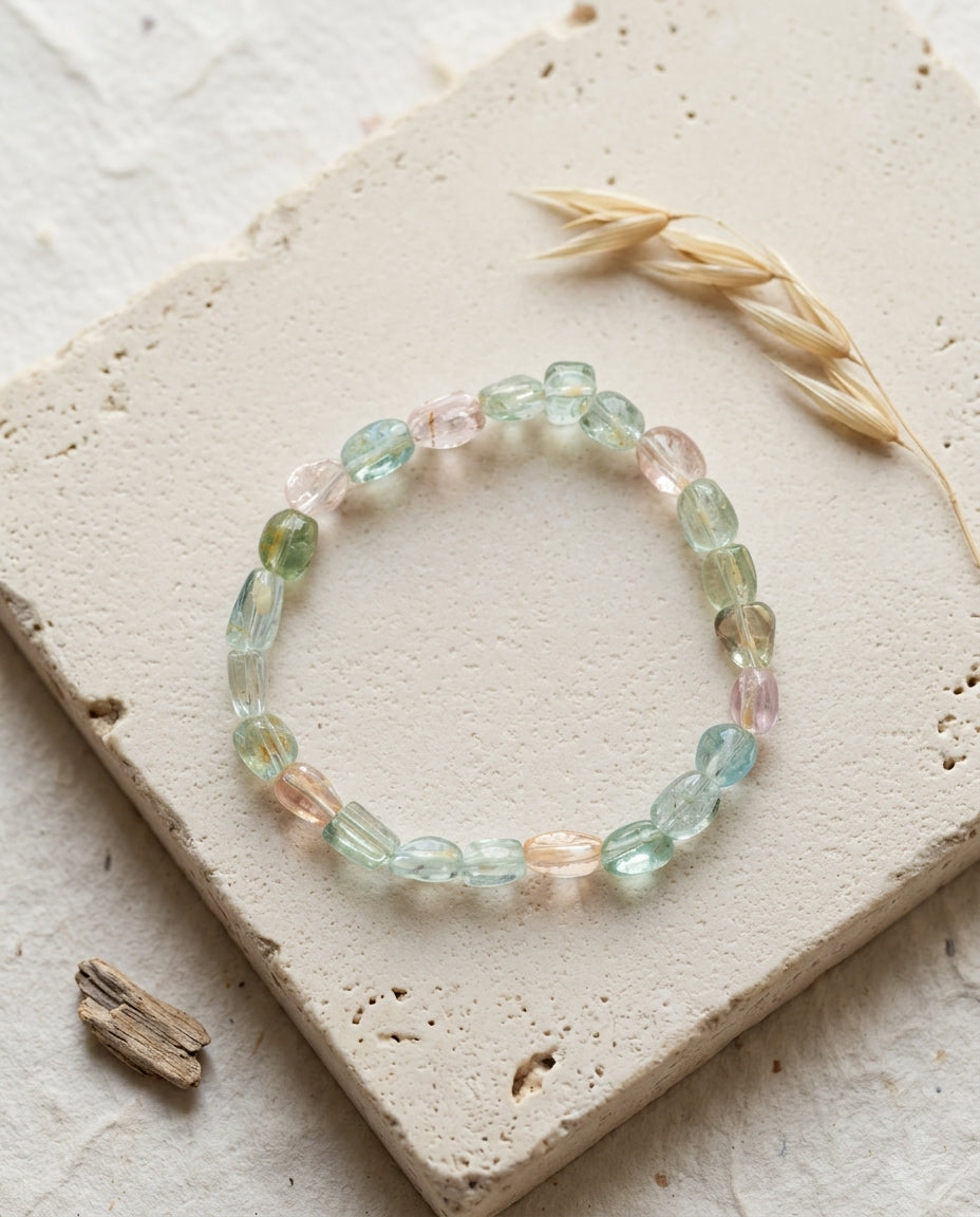 ⁠High clarity multi-color beryl bracelet featuring pink morganite and blue aquamarine, resting on a square travertine tile with dried oats and driftwood, luxury mineral jewelry.⁠