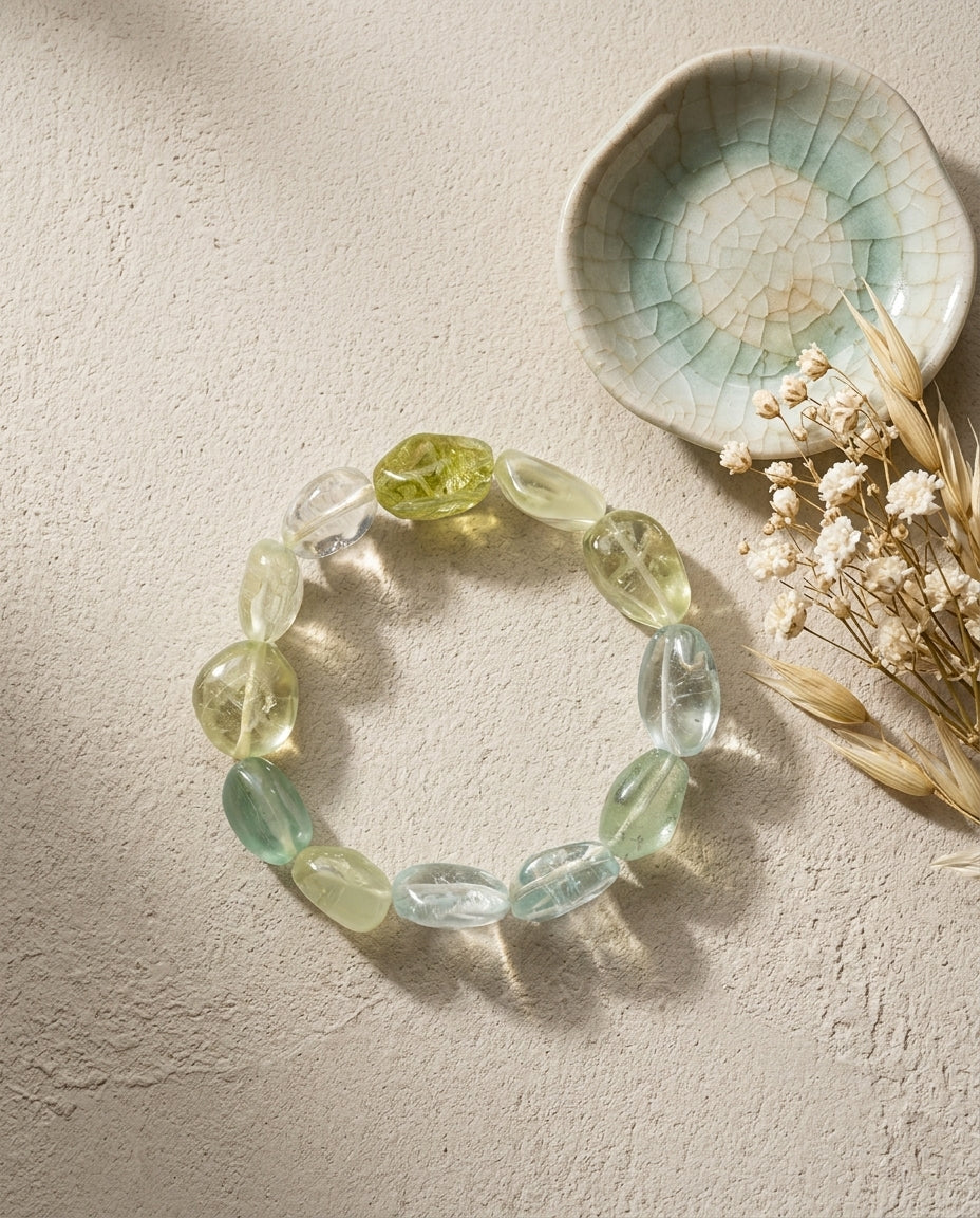 ⁠High clarity chunky mixed beryl gemstone bracelet featuring yellow and blue crystals, elegantly styled with a pale celadon dish and dried white botanicals on textured surface, luxury organic jewelry.⁠