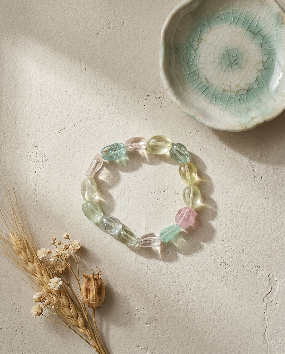 ⁠Natural pastel mixed beryl gemstone bracelet with morganite and aquamarine, styled with a crackle glaze celadon dish and dried wheat on a textured surface, wabi-sabi luxury jewelry aesthetic.⁠