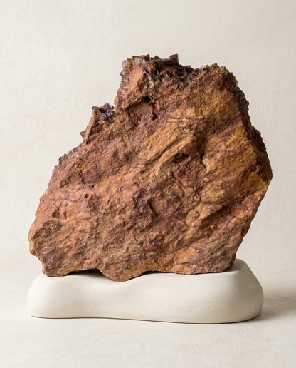 Back view of a massive raw Red Rutilated Quartz cluster showing its authentic natural stone matrix and rugged geological texture, sculptural mineral specimen.