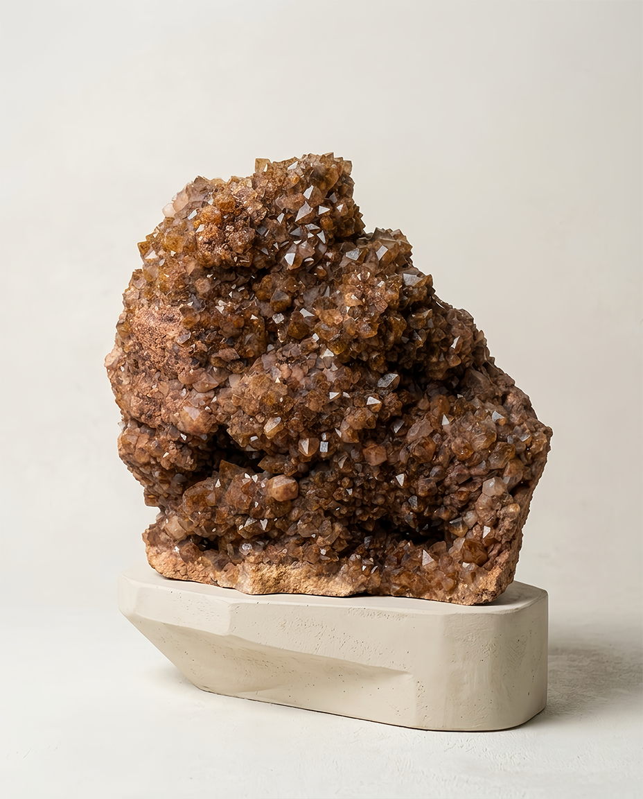 Monumental 13kg natural Red Rutilated Quartz crystal cluster displayed on a minimalist architectural concrete plinth, wabi-sabi gallery interior aesthetics and high-end mineral decor.