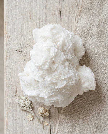 Top-down view of a raw white Angel Wing Calcite specimen on weathered wood, styled with natural linen and dried white botanicals.