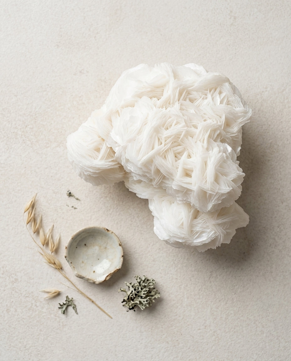 White bladed Angel Wing Calcite mineral on a textured beige surface, curated with a small wabi-sabi ceramic bowl, dried oats, and lichen.