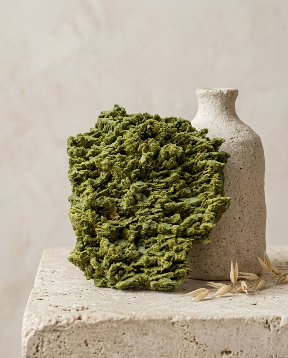 Large natural Turkish epidote epimorph specimen with a moss-like texture, styled with a rustic ceramic vase on a travertine block. Wabi-sabi and biophilic gallery decor by STILLMANTLE.⁠
