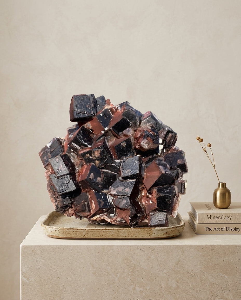 Large hematite-included calcite specimen displaying dark architectural rhombohedrons, styled with minimalist books and a brass vase. Fine mineral decor by STILLMANTLE.⁠