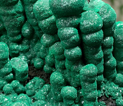 Macro photography of natural stalactitic malachite showing unpolished crystal formations and dense microcrystalline velvet texture.