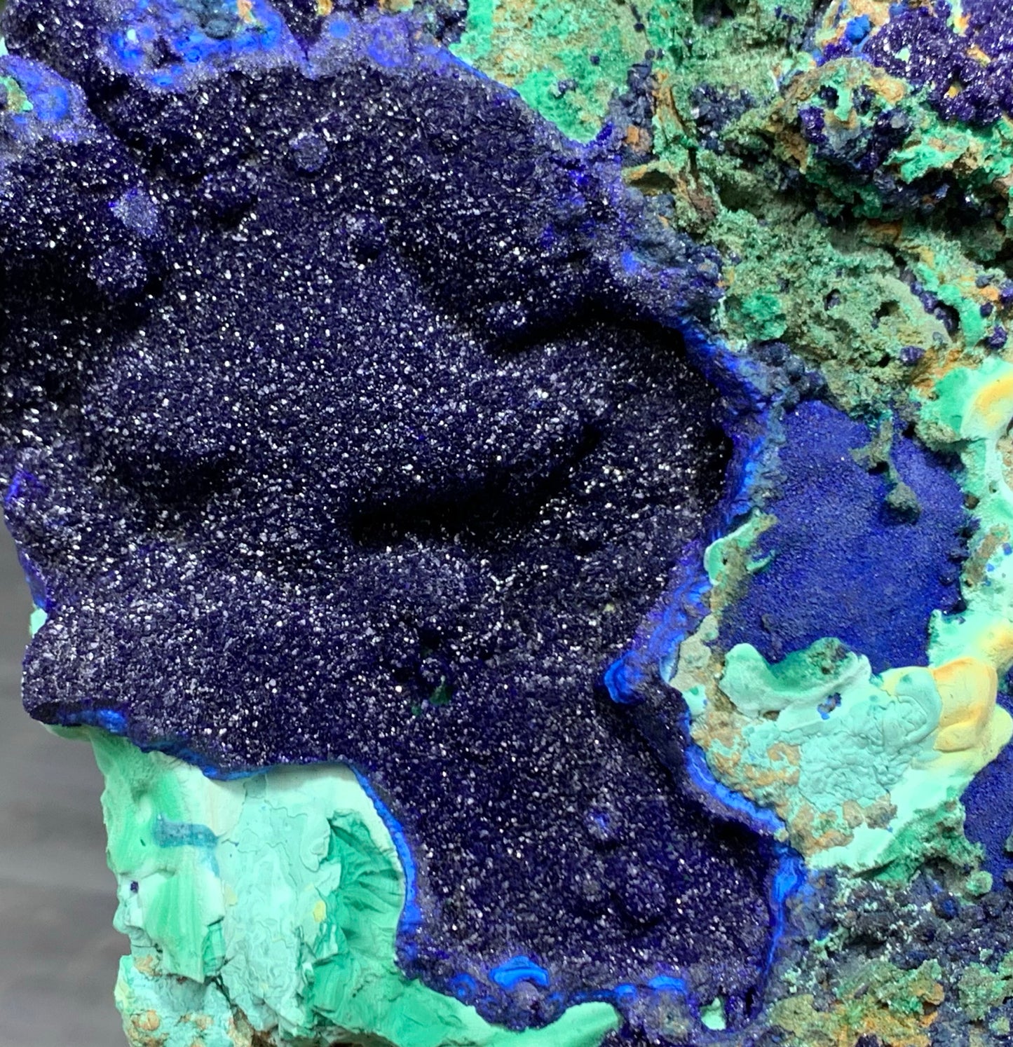 Macro close up of natural azurite and malachite raw crystal. Sparkling deep blue and green stone texture and natural mineral healing properties.⁠