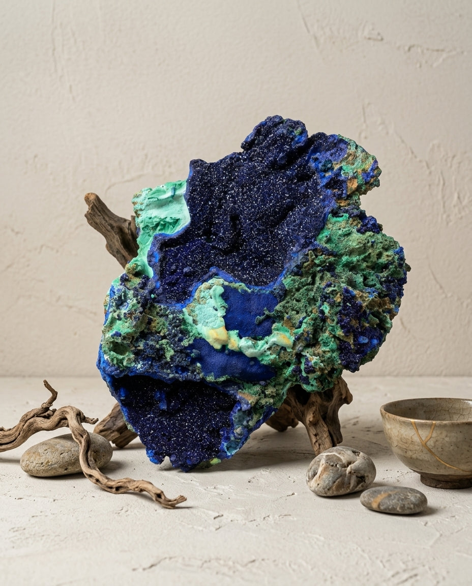 Large azurite and malachite raw crystal stone with wood and kintsugi bowl. Dark blue aesthetic mineral specimen for luxury home decor.⁠