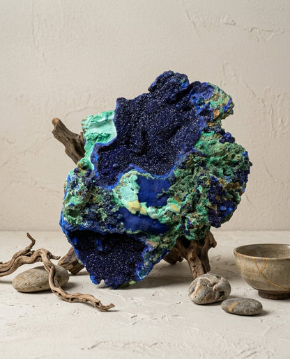 Large azurite and malachite raw crystal stone with wood and kintsugi bowl. Dark blue aesthetic mineral specimen for luxury home decor.⁠
