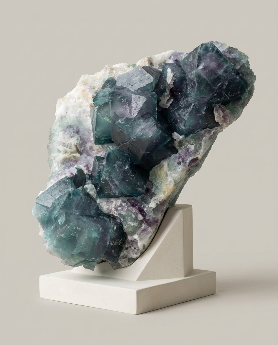 Large museum-grade teal and purple fluorite crystal specimen displayed vertically on a minimalist white architectural stand.