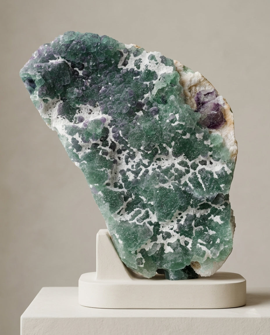 The rare botryoidal green fluorite texture on the reverse side of a large mineral specimen, shown on a cream display plinth.