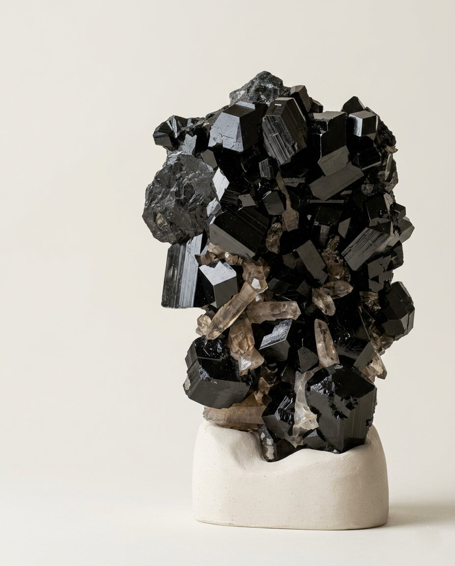 Natural heavy Namibian black tourmaline and smoky quartz crystal cluster sculpture, brutalist wabi-sabi desktop decor, luxury mineral art by STILLMANTLE.