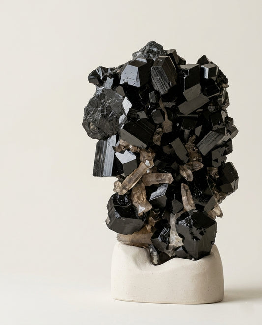 Natural heavy Namibian black tourmaline and smoky quartz crystal cluster sculpture, brutalist wabi-sabi desktop decor, luxury mineral art by STILLMANTLE.