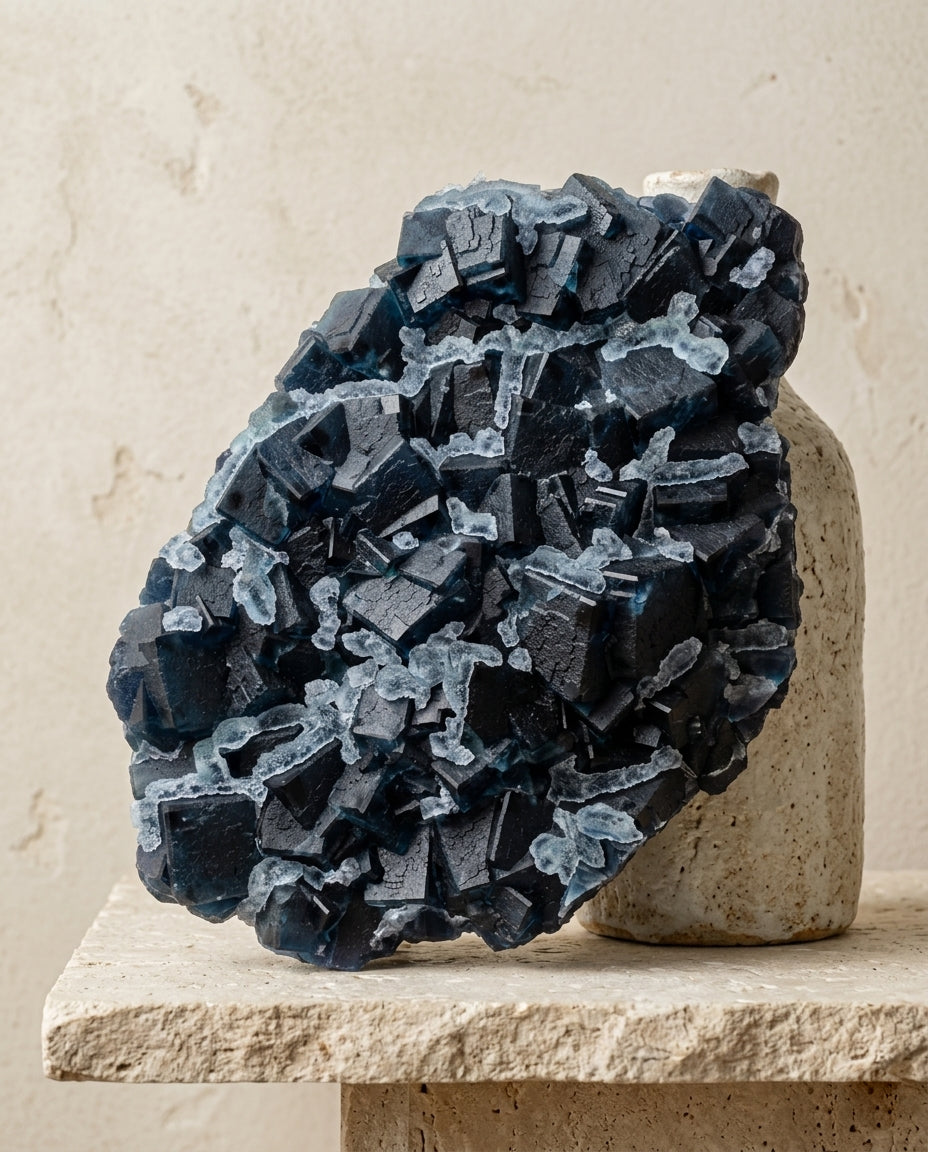 Natural large dark blue cubic fluorite crystal sculpture on travertine base, wabi-sabi minimalist interior decor by STILLMANTLE.⁠