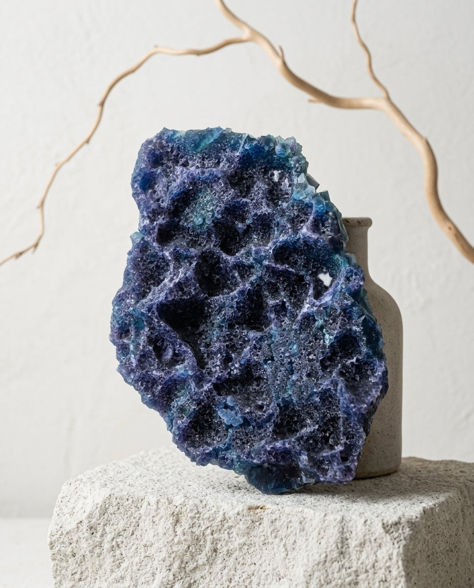 ⁠Reverse side of bi-face fluorite specimen showing deep etched cavernous textures on stone base, brutalist decor.⁠