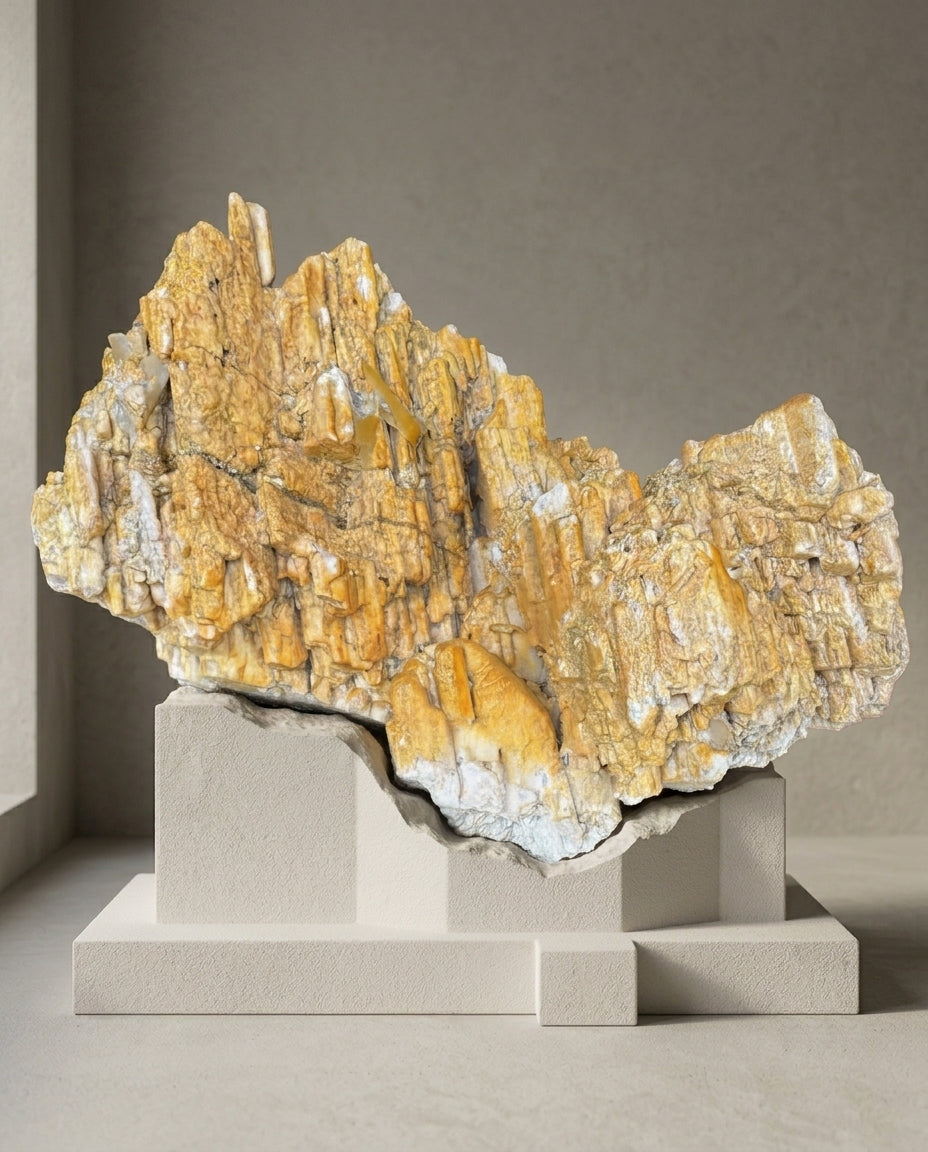 Natural large Himalayan golden feldspar orthoclase crystal sculpture, stratified architectural mineral specimen on minimal base, brutalist wabi-sabi interior decor by STILLMANTLE.