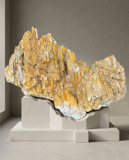 Natural large Himalayan golden feldspar orthoclase crystal sculpture, stratified architectural mineral specimen on minimal base, brutalist wabi-sabi interior decor by STILLMANTLE.