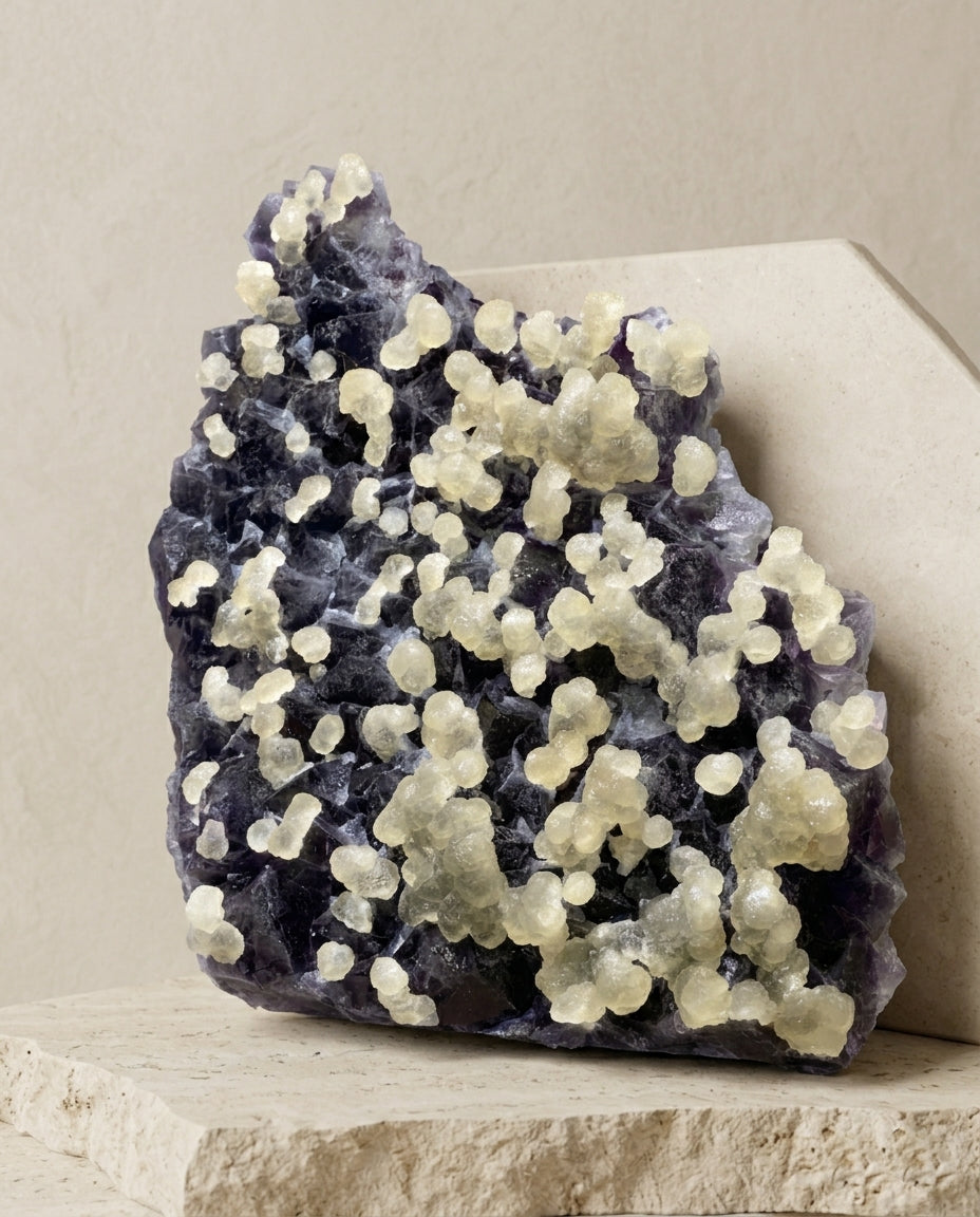 Monumental bi-color fluorite specimen featuring rare glowing yellow grape-like crystals against a deep purple background. Organic modern interior styling.⁠