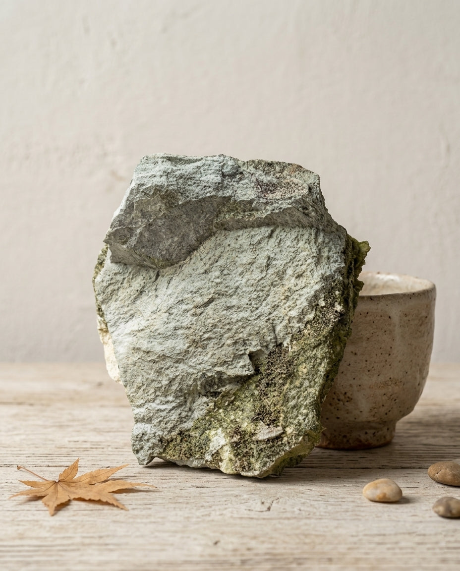Reverse matrix side of a raw Turkish epidote specimen, revealing the rugged grey host rock alongside minimalist ceramics. Organic modern decor.⁠