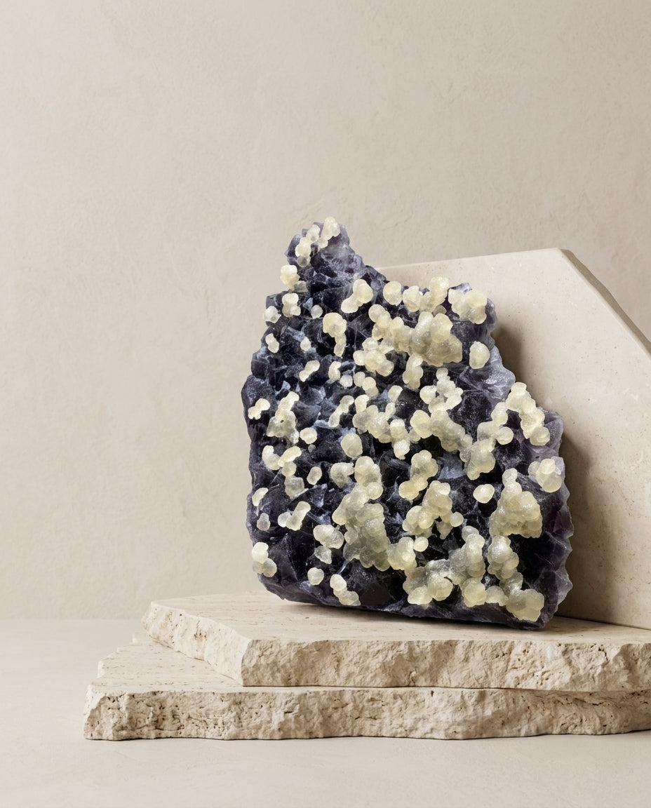 Large botryoidal yellow fluorite spheres on a dark midnight-purple matrix, styled on raw travertine slabs. Wabi-sabi luxury mineral decor by STILLMANTLE.⁠