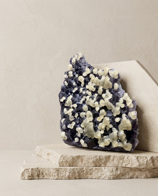 Large botryoidal yellow fluorite spheres on a dark midnight-purple matrix, styled on raw travertine slabs. Wabi-sabi luxury mineral decor by STILLMANTLE.⁠