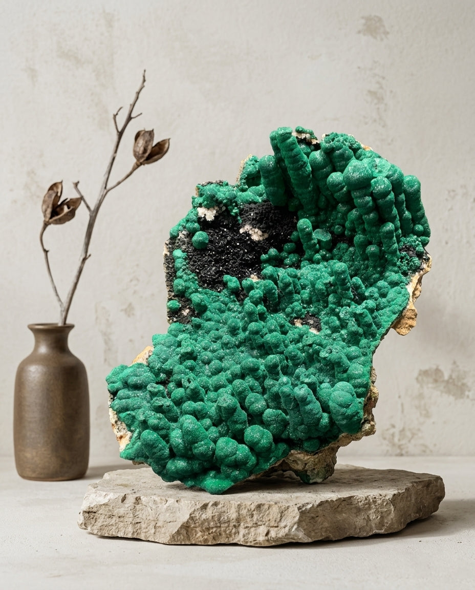 Large stalactitic velvet malachite specimen displayed on a museum-style stand, featuring vivid green botryoidal formations and natural druzy texture.