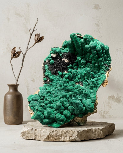 Large stalactitic velvet malachite specimen displayed on a museum-style stand, featuring vivid green botryoidal formations and natural druzy texture.