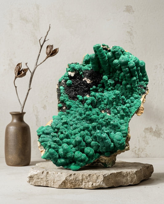 Large stalactitic velvet malachite specimen displayed on a museum-style stand, featuring vivid green botryoidal formations and natural druzy texture.