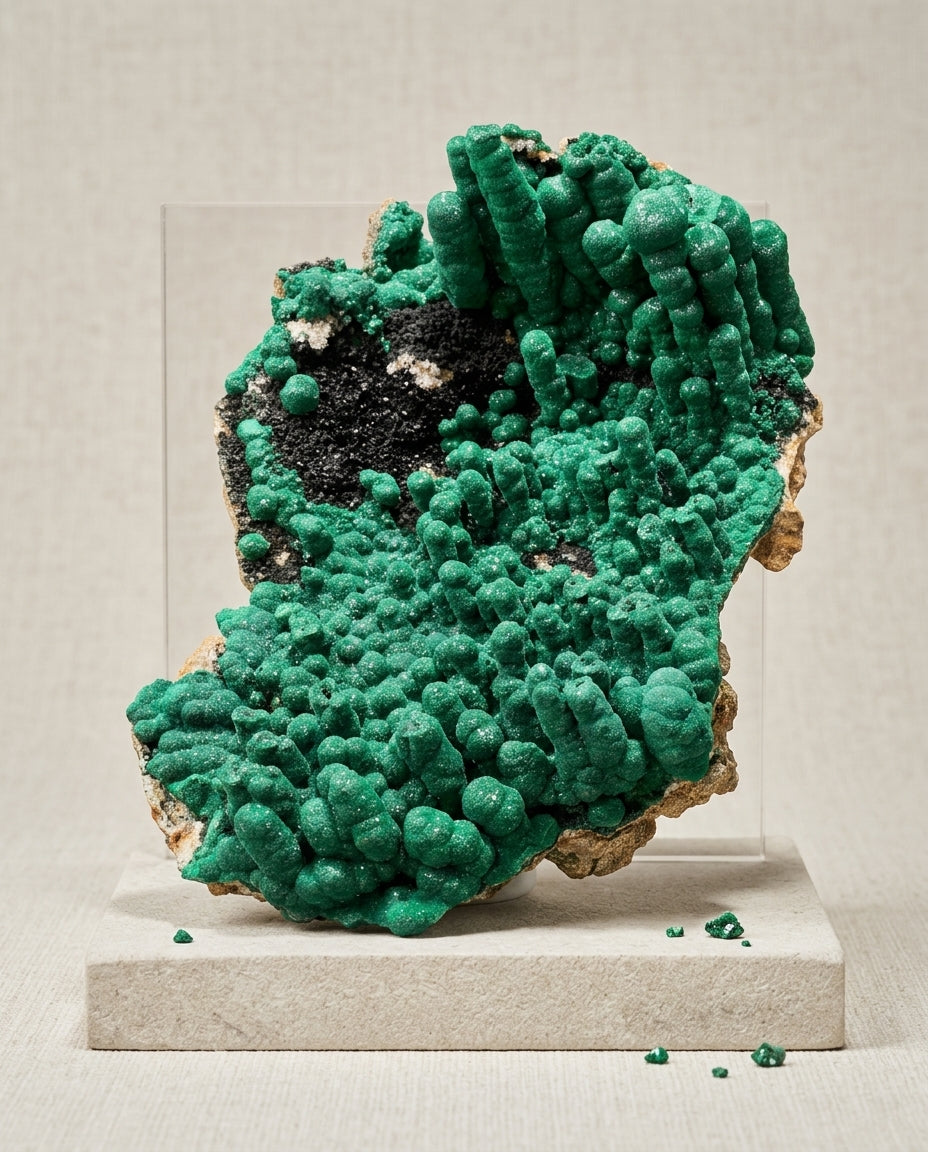 Large raw malachite specimen styled with ceramic vessels and dried branches in an organic modern interior setting.