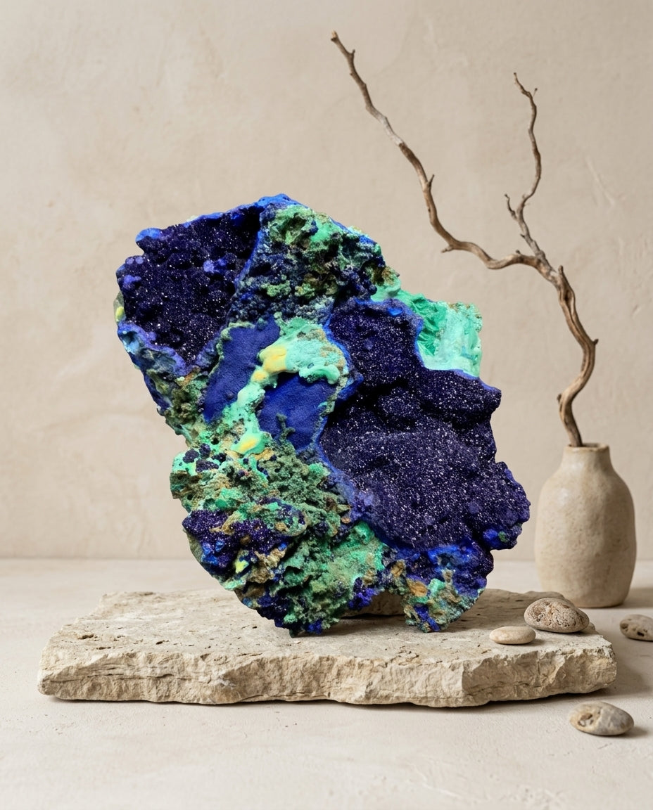 Natural raw azurite malachite crystal specimen on stone slab. Large blue and green mineral decor for wabi sabi interior design.⁠